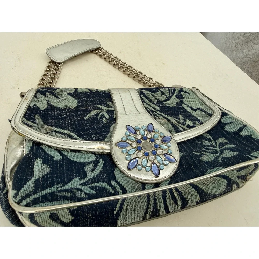 Lulu Beaded Floral Shoulder Bag Silver Leather Trim‎ Chain Strap Y2K Boho